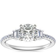 Petite Baguette and Pavé Diamond Engagement Ring in 14k White Gold